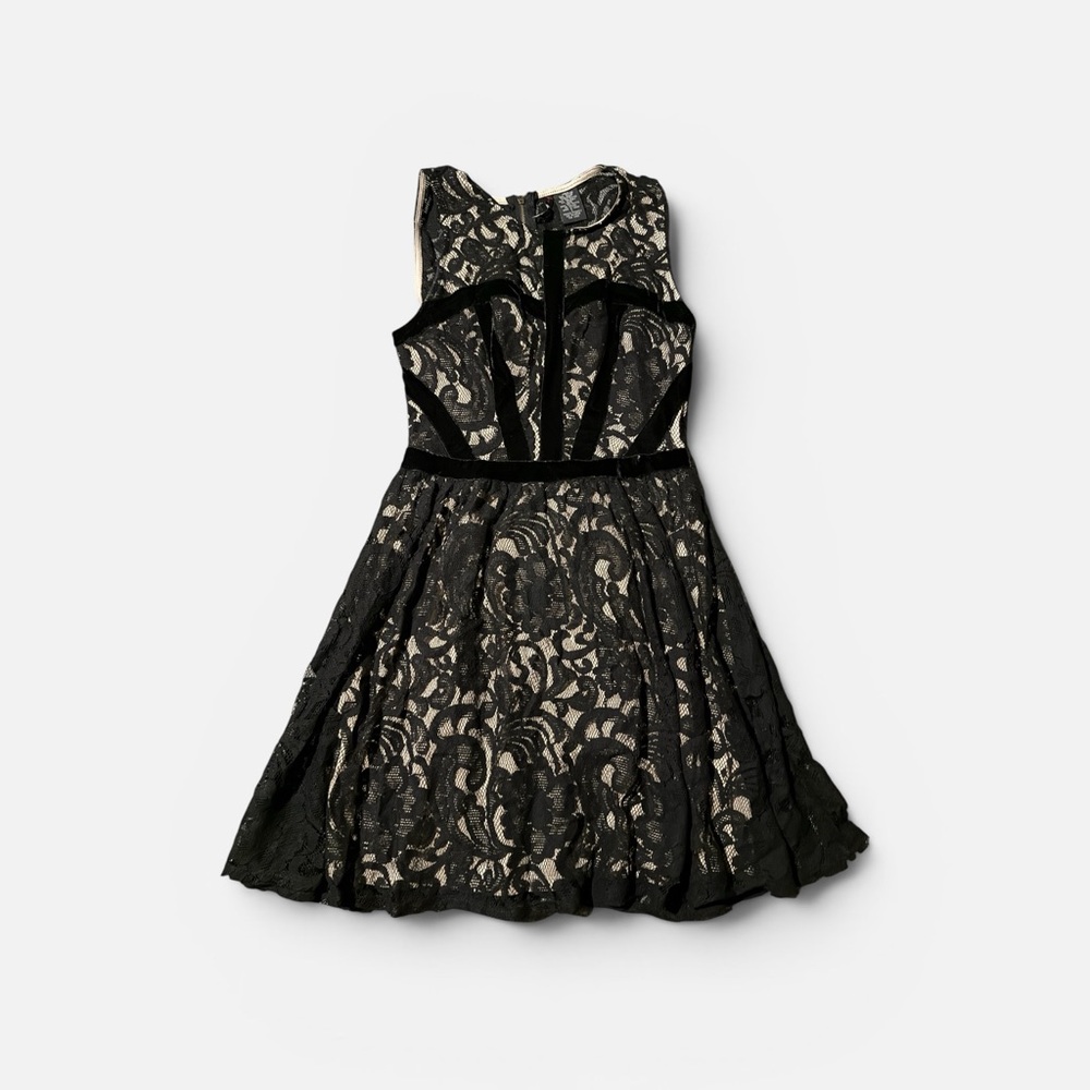 Fire Los Angeles Black Lace Fit-and-Flare Dress with Nude Underlay